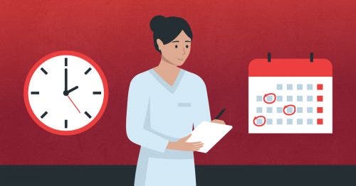 A nurse taking notes stands between a clock and a calendar to indicate the importance of time management in nursing.