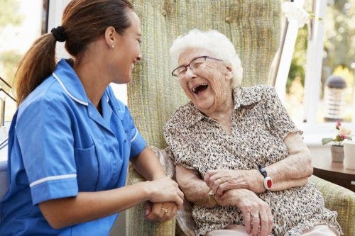 Adult-geriatric nurse visits with patient at skilled nursing facility